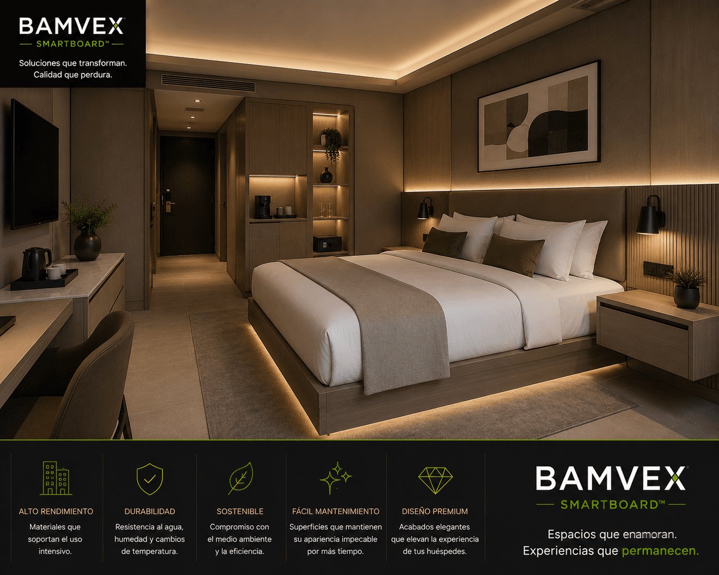 Hotelería equipada con materiales BAMVEX — superficies que mantienen la elegancia con uso intensivo