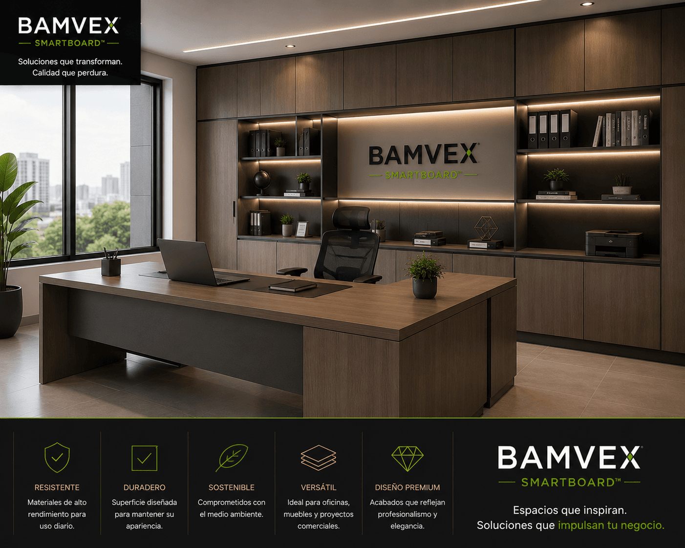 Oficinas equipadas con materiales BAMVEX — ambientes corporativos que transmiten solidez y profesionalismo