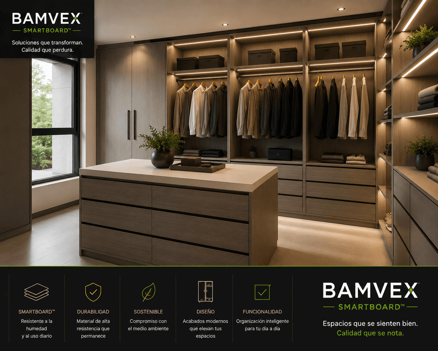 Vestidor con materiales BAMVEX — detalles cálidos y superficies nobles en cada rincón