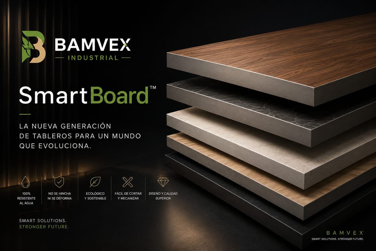 Apilado de 5 tableros SmartBoard con diferentes acabados: madera, mármol, beige, madera clara y negro